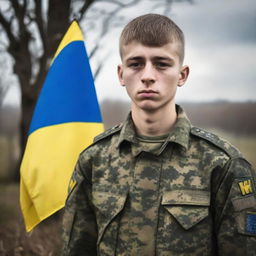 A 17-year-old soldier from Ukraine, standing firm and full of determination. He is garbed in authentic military uniform, with the flag patch of Ukraine seen prominently on his outfit.