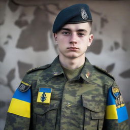 A 17-year-old soldier from Ukraine, standing firm and full of determination. He is garbed in authentic military uniform, with the flag patch of Ukraine seen prominently on his outfit.