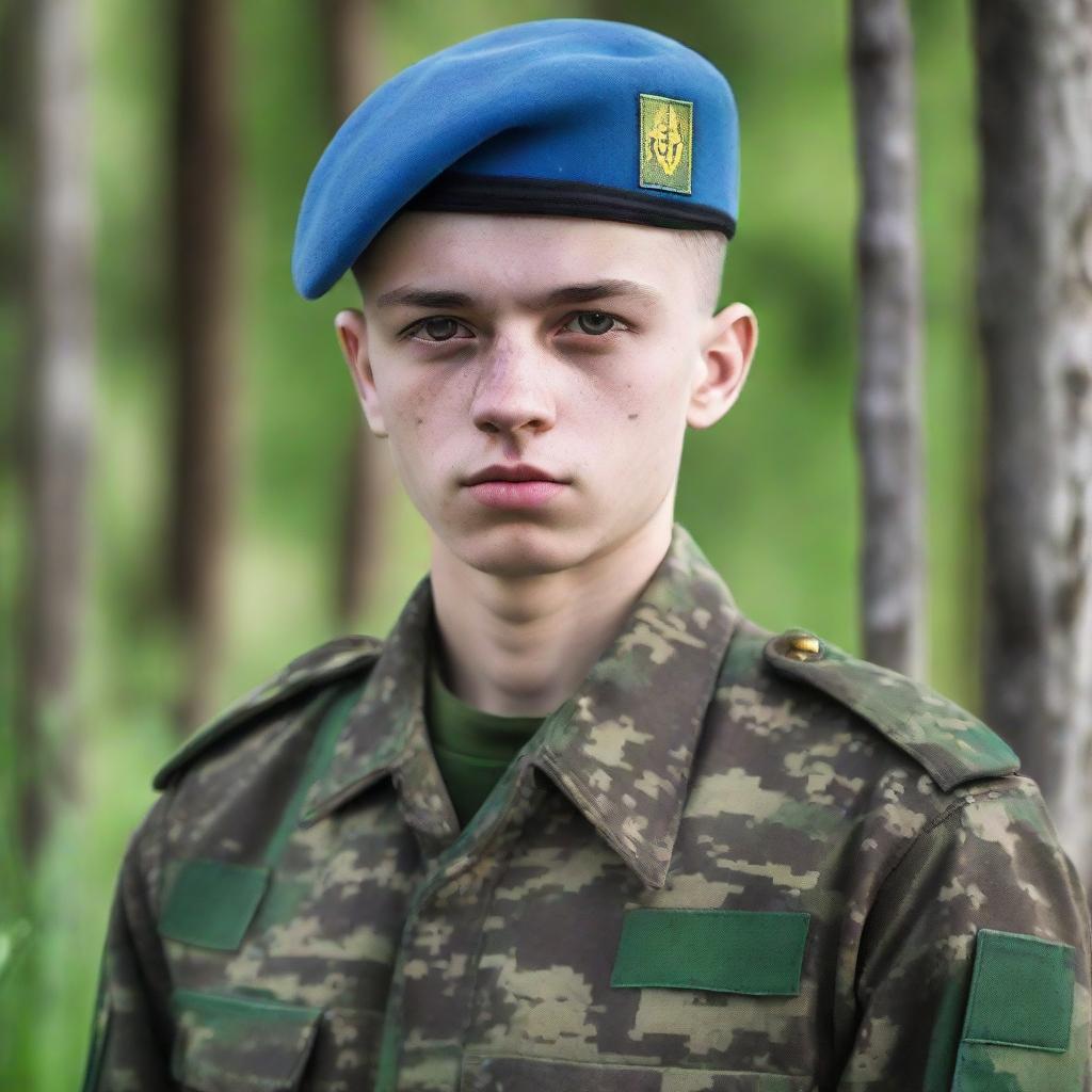 A 17-year-old soldier from Ukraine, standing firm and full of determination. He is garbed in authentic military uniform, with the flag patch of Ukraine seen prominently on his outfit.