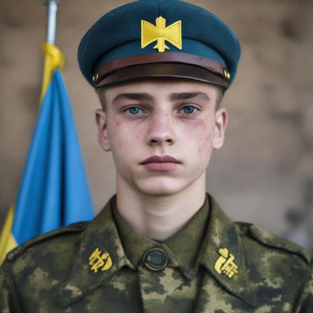 A 17-year-old soldier from Ukraine, standing firm and full of determination. He is garbed in authentic military uniform, with the flag patch of Ukraine seen prominently on his outfit.