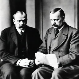 A historical photograph featuring Vladimir Ilyich Lenin and Sergei Alexandrovich Yesenin together in a composed, solemn setting.