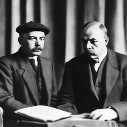 A historical photograph featuring Vladimir Ilyich Lenin and Sergei Alexandrovich Yesenin together in a composed, solemn setting.