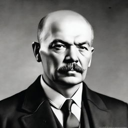 Render an accurate, detailed portrait of Vladimir Ilyich Lenin looking forward, with a backdrop suggestive of the early 20th century era.