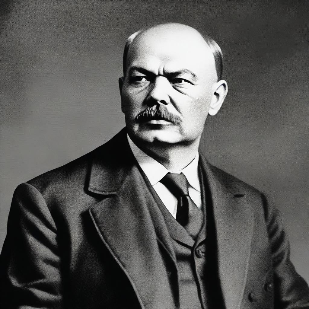 Render an accurate, detailed portrait of Vladimir Ilyich Lenin looking forward, with a backdrop suggestive of the early 20th century era.