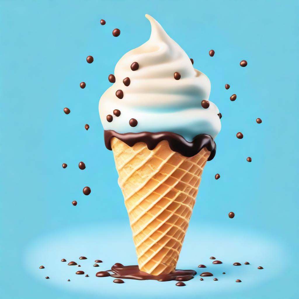 Generate an image of a vanilla ice cream cone with chocolate chips against a baby blue background, melting under a golden sun.