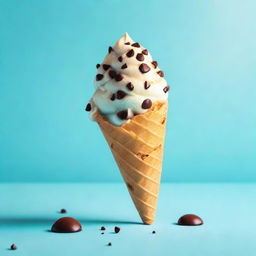 Generate an image of a vanilla ice cream cone with chocolate chips against a baby blue background, melting under a golden sun.