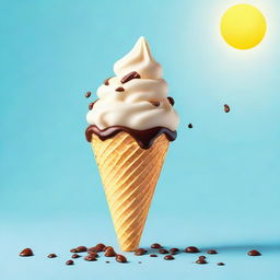 Generate an image of a vanilla ice cream cone with chocolate chips against a baby blue background, melting under a golden sun.