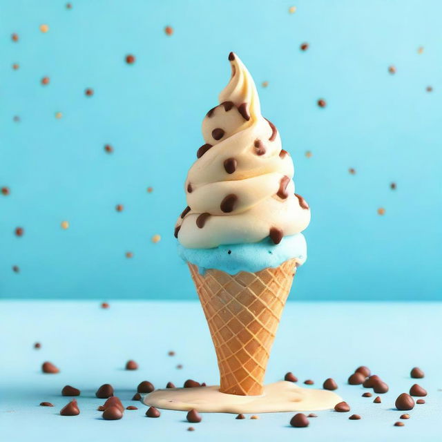 Generate an image of a vanilla ice cream cone with chocolate chips against a baby blue background, melting under a golden sun.