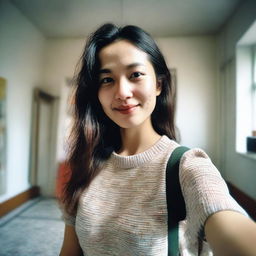 An indoor selfie of a woman, conveyed with the nostalgic charm and pixelated quality of a low-resolution camera phone.