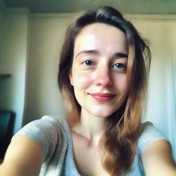 Indoor selfie of a young European woman, captured with the grainy, slightly blurred charm of a low-resolution camera phone.