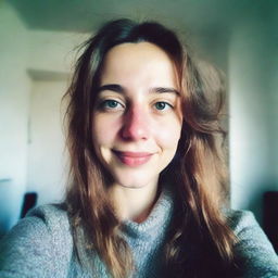 Indoor selfie of a young European woman, captured with the grainy, slightly blurred charm of a low-resolution camera phone.