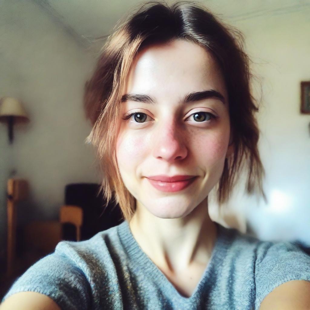 Indoor selfie of a young European woman, captured with the grainy, slightly blurred charm of a low-resolution camera phone.