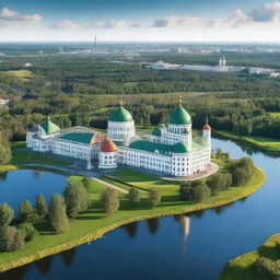 Generate a scenic representation of Belarus highlighting the country's diverse landscapes, including its lush forests, serene lakes, and bustling city architecture.