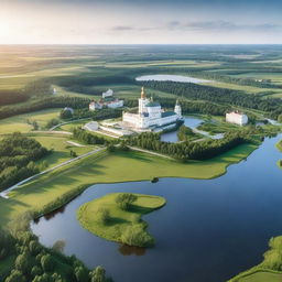 Generate a scenic representation of Belarus highlighting the country's diverse landscapes, including its lush forests, serene lakes, and bustling city architecture.