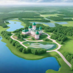 Generate a scenic representation of Belarus highlighting the country's diverse landscapes, including its lush forests, serene lakes, and bustling city architecture.