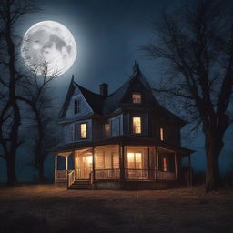 An eerie haunted house on a full moon night, illuminated only by the gleam of the moon and the flickering candlelight from the windows, surrounded by barren trees.