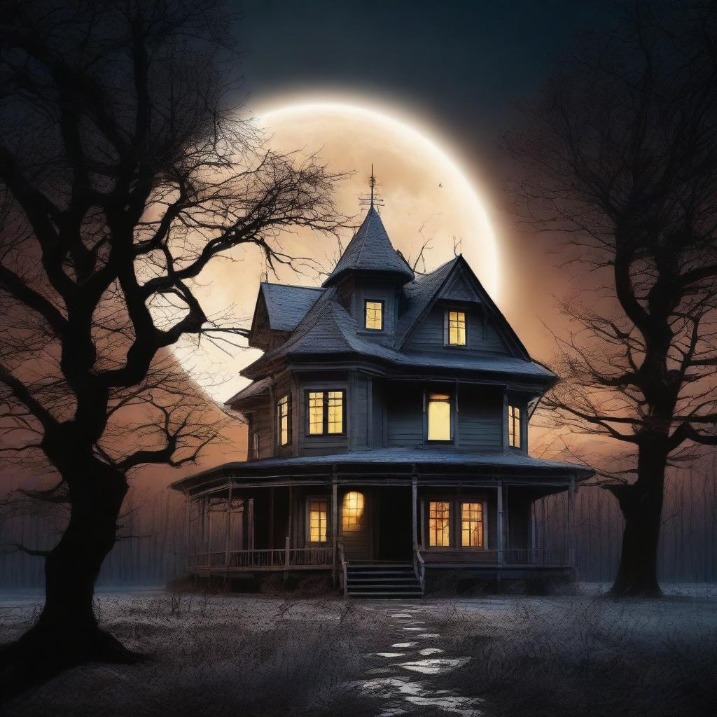 An eerie haunted house on a full moon night, illuminated only by the gleam of the moon and the flickering candlelight from the windows, surrounded by barren trees.