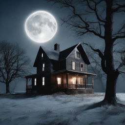 An eerie haunted house on a full moon night, illuminated only by the gleam of the moon and the flickering candlelight from the windows, surrounded by barren trees.