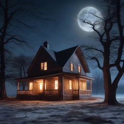 An eerie haunted house on a full moon night, illuminated only by the gleam of the moon and the flickering candlelight from the windows, surrounded by barren trees.