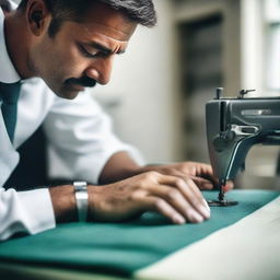 A tailor cutting fabric with focused precision.