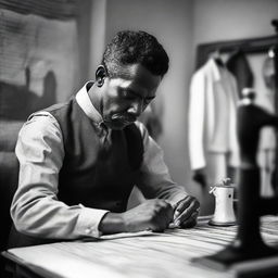 An adept tailor working diligently on a garment.