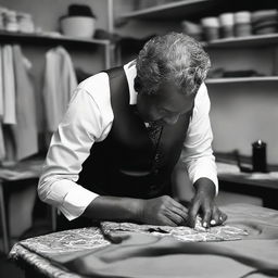 An adept tailor working diligently on a garment.