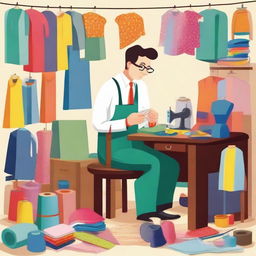 A charming, cartoon-style tailor at work, surrounded by a colorful array of cloths and sewing tools.