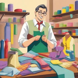 A charming, cartoon-style tailor at work, surrounded by a colorful array of cloths and sewing tools.