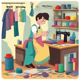 A charming, cartoon-style tailor at work, surrounded by a colorful array of cloths and sewing tools.