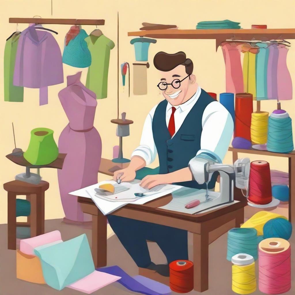 A charming, cartoon-style tailor at work, surrounded by a colorful array of cloths and sewing tools.