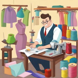 A charming, cartoon-style tailor at work, surrounded by a colorful array of cloths and sewing tools.