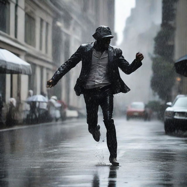 Dynamic picture of a man in mid-dance, lost in the rhythm under a steady, cleansing rain.