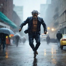 Dynamic picture of a man in mid-dance, lost in the rhythm under a steady, cleansing rain.