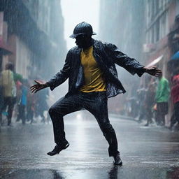 Dynamic picture of a man in mid-dance, lost in the rhythm under a steady, cleansing rain.