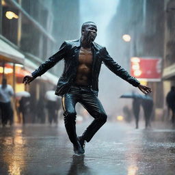 Dynamic picture of a man in mid-dance, lost in the rhythm under a steady, cleansing rain.