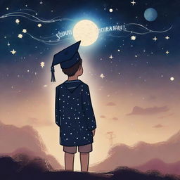 A boy standing under starry sky with Venus visible, wearing a graduation cap contemplating machine learning and deep learning. 'It's the beginning of a new journey, keep shining like a star' is etched beautifully.