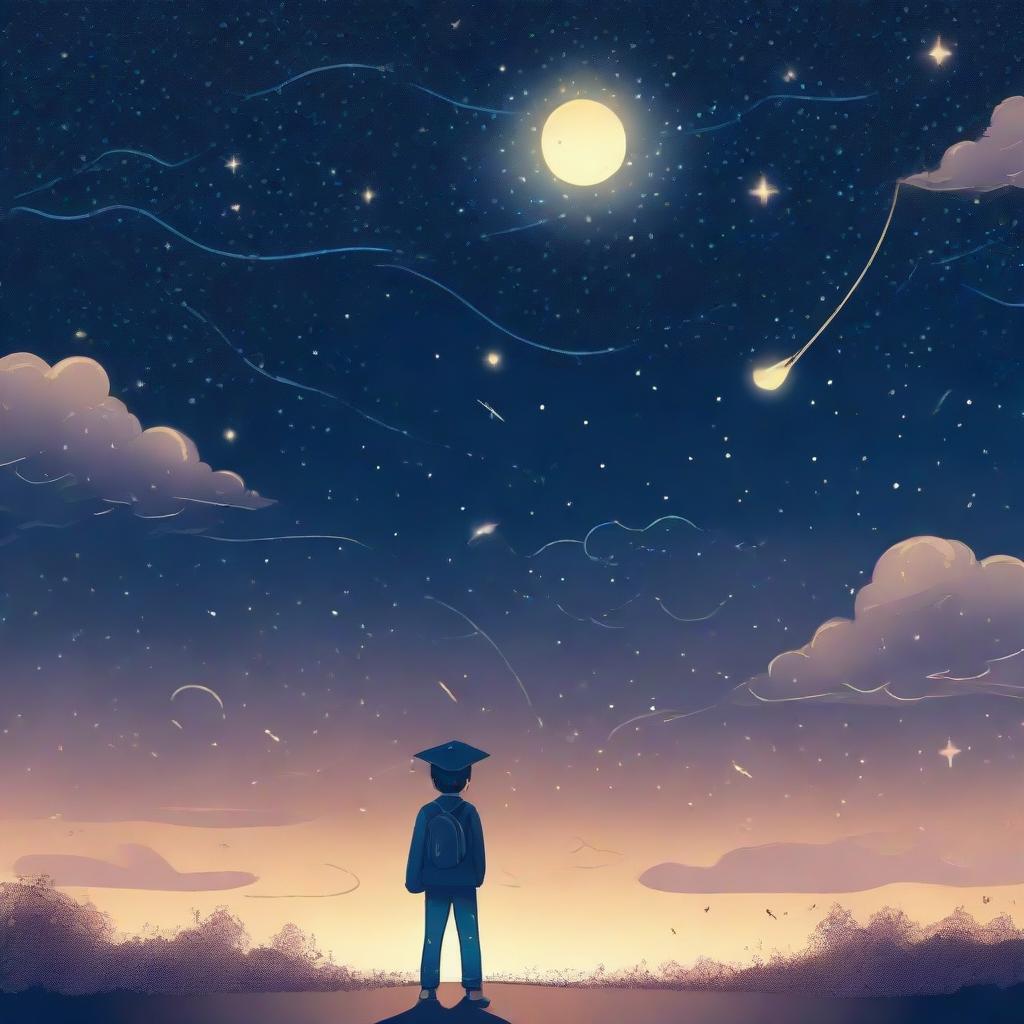 A boy standing under starry sky with Venus visible, wearing a graduation cap contemplating machine learning and deep learning. 'It's the beginning of a new journey, keep shining like a star' is etched beautifully.