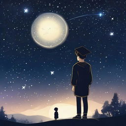 A boy standing under starry sky with Venus visible, wearing a graduation cap contemplating machine learning and deep learning. 'It's the beginning of a new journey, keep shining like a star' is etched beautifully.