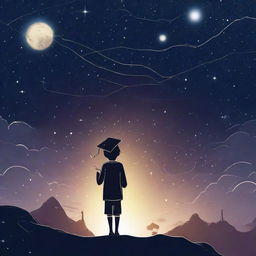 A boy standing under starry sky with Venus visible, wearing a graduation cap contemplating machine learning and deep learning. 'It's the beginning of a new journey, keep shining like a star' is etched beautifully.