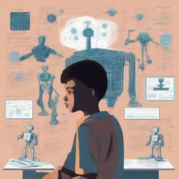 Revise the image to include symbolic representations of machine learning and deep learning, such as mathematical equations, digital screens projecting neural networks, and AI robots around the contemplating boy.