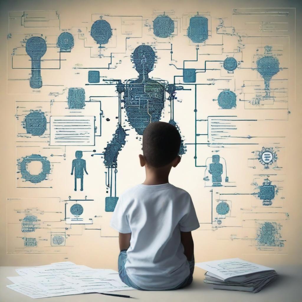 Revise the image to include symbolic representations of machine learning and deep learning, such as mathematical equations, digital screens projecting neural networks, and AI robots around the contemplating boy.