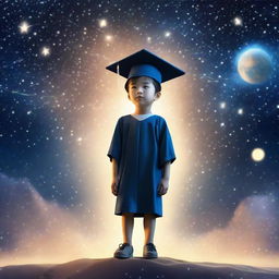 A boy standing under a starry sky background with Venus visible, wearing a graduation cap, scattered within the scene are mini-images signifying AI, like neural networks, AI bots, flowing algorithms, representing machine and deep learning.