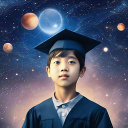 A boy standing under a starry sky background with Venus visible, wearing a graduation cap, scattered within the scene are mini-images signifying AI, like neural networks, AI bots, flowing algorithms, representing machine and deep learning.