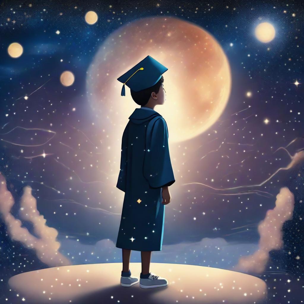 A boy standing under a starry sky background with Venus visible, wearing a graduation cap, scattered within the scene are mini-images signifying AI, like neural networks, AI bots, flowing algorithms, representing machine and deep learning.