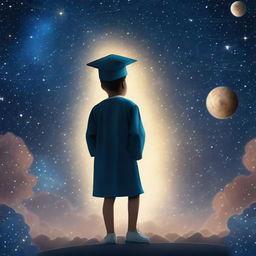 A boy standing under a starry sky background with Venus visible, wearing a graduation cap, scattered within the scene are mini-images signifying AI, like neural networks, AI bots, flowing algorithms, representing machine and deep learning.