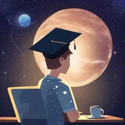 A boy in graduation cap standing under a starry sky background with the planet Venus. He is intently looking at his laptop screen, showing neural networks or graphs, lost in thoughts about machine learning and deep learning.