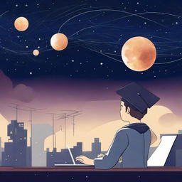 A boy in graduation cap standing under a starry sky background with the planet Venus. He is intently looking at his laptop screen, showing neural networks or graphs, lost in thoughts about machine learning and deep learning.