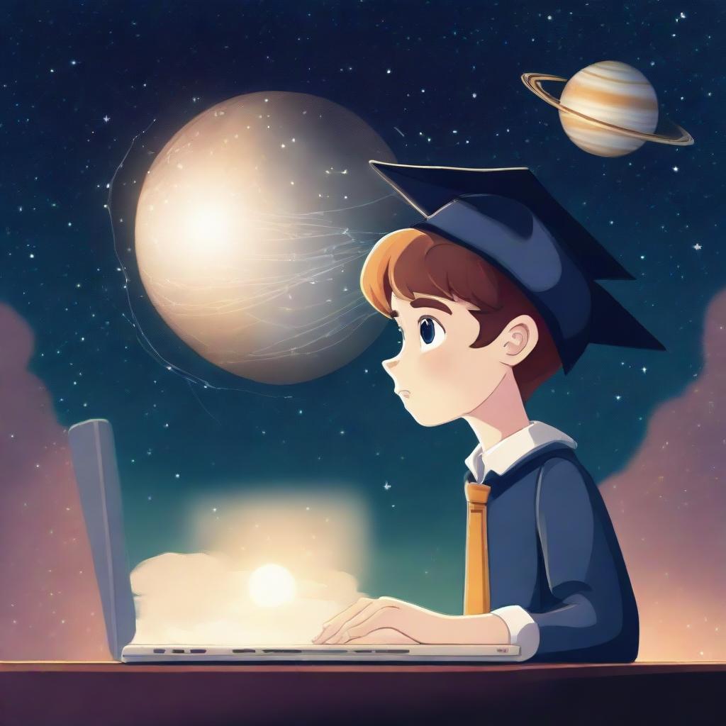 A boy in graduation cap standing under a starry sky background with the planet Venus. He is intently looking at his laptop screen, showing neural networks or graphs, lost in thoughts about machine learning and deep learning.