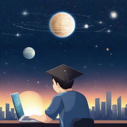 A boy in graduation cap standing under a starry sky background with the planet Venus. He is intently looking at his laptop screen, showing neural networks or graphs, lost in thoughts about machine learning and deep learning.