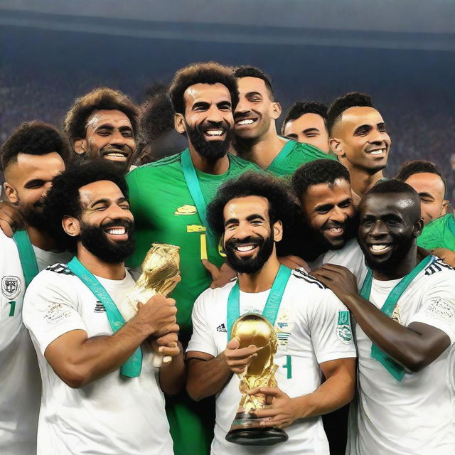 Mohamed Salah joyfully holding the African Cup of Nations alongside Egyptian players Mostafa Mohamed, Triezget, and Ahmed Zizo, with disheartened Senegal players shedding tears in the backdrop.